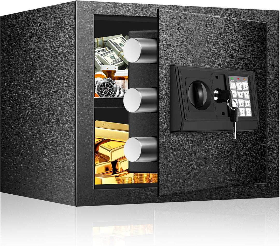 9.84 Inches Tall Safe Box, Home Safe with Fireproof Waterproof Bag, Anti-Theft Digital Security Lock Box with Smart Alert System, Removable Shelf, Mute Function, Document Safes for Jewelry (0.8 CUFT)