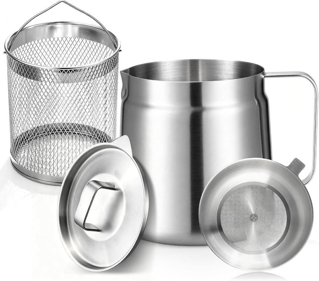 68oz Mini Deep Fryer Pot, Premium 304 Stainless Steel with Frying Basket & Strainer, Multi-Use Bacon Grease Container, Lightweight Portable for Kitchen, Camping & RV, Dishwasher Safe
