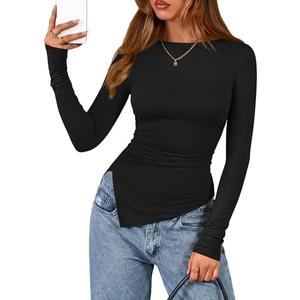 BTFBM Asymmetrical Tops for Women Long Sleeve Shirts Fall 2025 Ruched Slit Fitted Basic Tees Y2k Going Out Tunic Top Medium