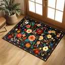 Floral 2x3 Area Rug Machine Washable Soft Print Boho Carpet Non Slip Doormat Low Pile Flower Area Rugs for Living Room Bedroom Nursery Kitchen Dining Room Indoor-Black
