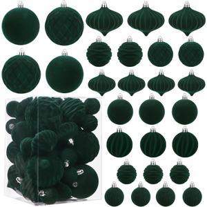 28PCS Velvet Christmas Balls Ornaments, Flocked Shatterproof Dark Green Xmas Tree Hanging Decoration Plastic Ball Set Bulk Ornament for Winter Trees Holiday Party Home Wreath Decor