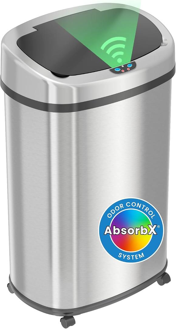 SensorCan 13 Gallon Sensor Trash Can with Wheels and AbsorbX Odor Control System, Stainless Steel, Oval Shape Automatic Kitchen and Office Garbage Bin (Powered by Battery or Optional AC Adapter)