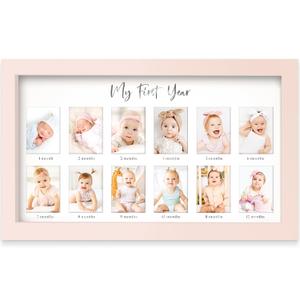 My First Year Photo Frame,12 Months Baby Picture Frame for Newborn Girl, Boy-Baby Shower Gifts Keepsakes, Monthly Baby's One Year Birthday Milestone,1st Nursery Photo Collage Display Board (Petal Pink)