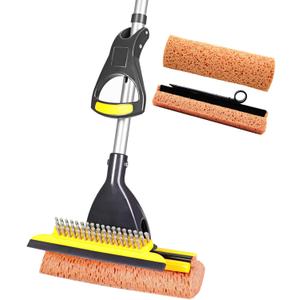 Yocada Sponge Mop Home Commercial Use Tile Floor Bathroom Garage Cleaning Total 2 Sponge Heads NOT 3 Telescopic Handle Squeegee from 42.5 to 52 Inches Easily Dry Wringing only 2 Heads