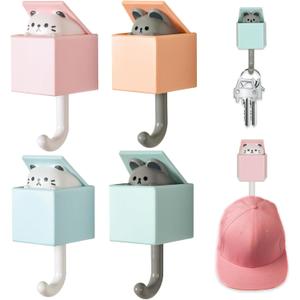 Nokiils 4 Pcs Cute Cat Key Holder, Creative Adhesive Mouse Cat Wall Hooks, Cute Room Decor Hook for Coat, Scarf Hat Towel Key Bag Wall Decoratives (Square Box)
