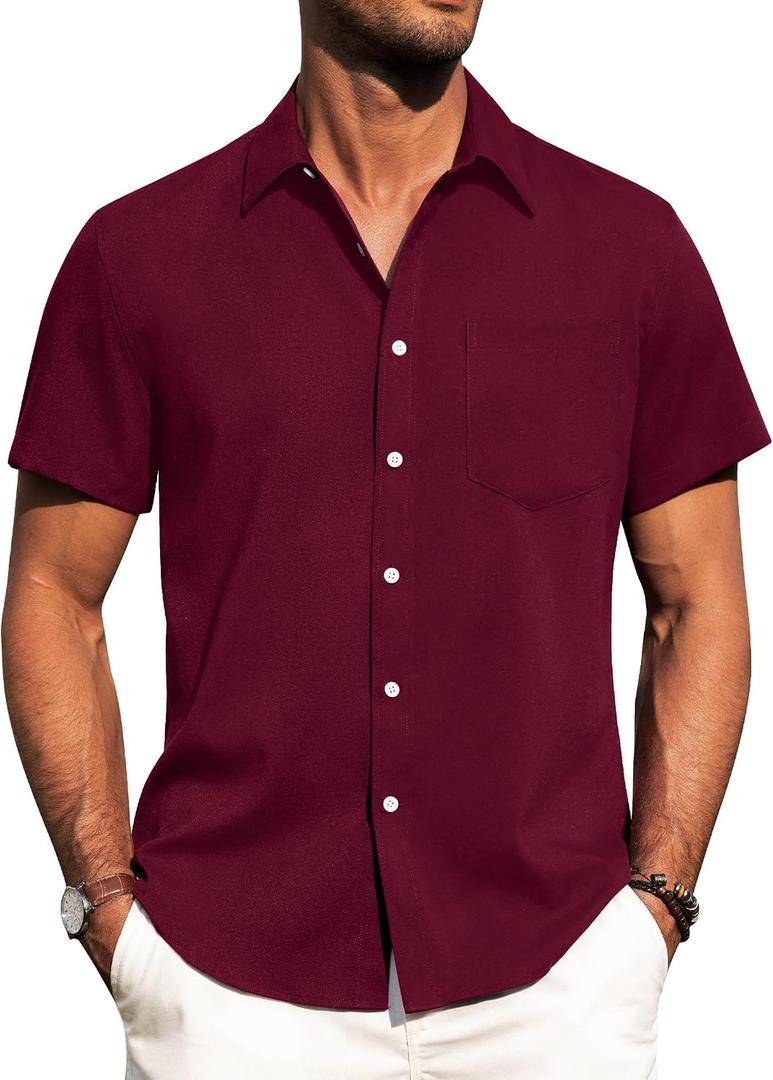 Alimens & Gentle Mens Linen Shirts Short Sleeve Button Down Shirts Wrinkle Free Casual Vacation Beach Summer Tops (Red, M)