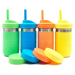 Elk and Friends 14oz Stainless Steel Kids + Toddler Drinking Cups | The Original Mason Jar with Sleeves + Lids | Silicone Straws | Smoothies | Storage Jar | Spill Resistant | Dishwasher Safe | 4 Pack