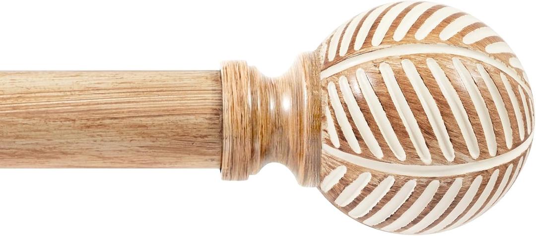 Zeerobee Wood Curtain Rods for Windows 48 to 84, 1 Inch Heavy Duty Drapery Rods with Imitation Wood Grain Leaf Pattern Finials, Indoor/Outdoor Modern Curtain Pole, 32"-86", Brown