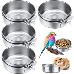 Aoriher 4 Pack Large Bird Feeding Dish Cups 30 oz Stainless Steel Parrot Feeders Food Water Cage Bowls with Clamp Holder for Cockatiel Conure Budgies Parakeet Macaw Small Dog Cat Animal