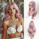 Pink Wigs for Women Long Wavy Wigs with White Highlight 28 inch Middle Part Curly Wig Natural Looking Synthetic Wigs Thick Soft Long Pink Wig Hair Replacement Wigs for Daily Party Costume Use