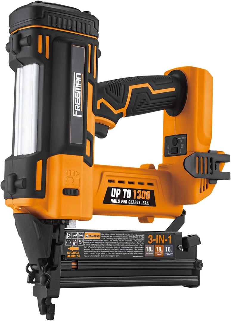 Freeman PE20VT31618 20 Volt Cordless 3-in-1 16 and 18 Gauge Nailer / Stapler (Tool Only)  1300 Shots per Charge