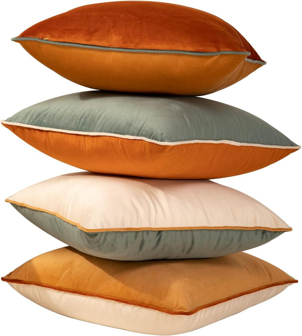 Plaid Pillow Covers 18x18 Inch Set of 4 Soft Velvet Decorative Throw Pillow Covers Square Cushion Case Solid Cushion Covers Modern Double-Colored pillowcases for Home Couch Decoration Orange/Teal