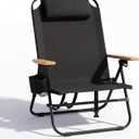 Cansky Portable Beach Chair for Adults, Outdoor Lightweight Camping Chair with Wooden Desgin Armrests, 5-Position Reclining Flat Lay, Cup Holder, Zipper Pouch, Backpack Design, No Towel Rack, Black, 24.5 inches x 24 inches x 31.5 inches