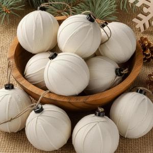 12 Pcs Neutral Farmhouse Christmas Ornaments 3.15'' Natural Striped Christmas Fabric Wrapped Burlap Balls Ticking Rag Ball Rustic Ornaments for Xmas Tree Garland Holiday Wreath Bowl Fillers