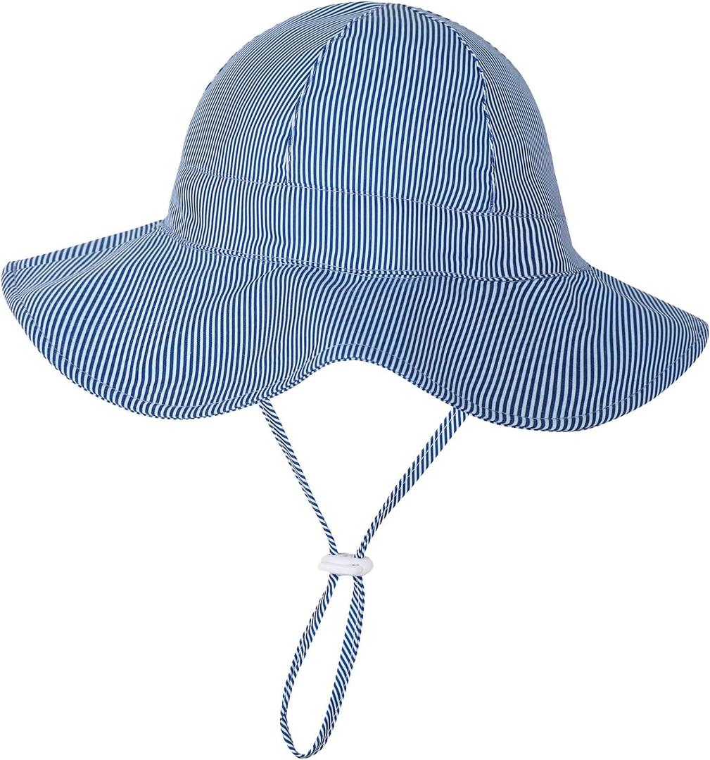 Baby Girl Sun Hat Toddler Beach Hats with UPF 50+ Protective Infant Summer Hat with Wide Brim Baby Girls Bucket Hat (0-6 Months, Navy Stripe Dy)