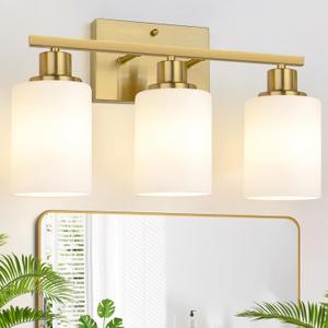 MOKATNG 3-Light Bathroom Light Fixtures, Vanity Light with Milky White Shades, Brushed Gold Bathroom Lighting Fixtures Over Mirror, Modern Bathroom Wall Lamp for Mirror Living Room Cabinet Bedroom