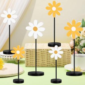 Geetery 6 Pieces Wooden Daisy Decor Boho Table Decorations Daisy Tiered Tray Sign Floral Table Centerpiece Standing Tabletop Decor for Nursery Shelf Party Baby Shower Decorations(Yellow Series)