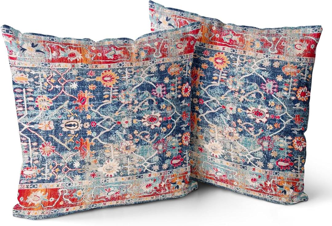Snycler Boho Pillow Covers 18x18 inch Set of 2 Boho Carpet Throw Pillows for Couch Navy Blue Red Geometric Floral Decorative Pillow Cases Farmhouse Home Decor for Sofa Porch Patio Bed Room Outdoor