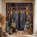 Western Cowboy Shower Curtain Farmhouse Barn Door Tropical Cactus Country Boots Lantern Guitar Retro Rustic Wooden Board Bathroom Decor Polyester Curtains with Hooks,70Wx70L