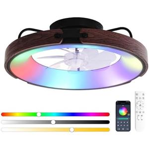Carrefour Ceiling Fan with Light, 19.5'' Smart Low Profile Ceiling Fan, Flush Mount LED Fan with Remote, 6 Speeds, Reversible, Dimmable, RGB Ceiling Light for Bedroom, Kids Room (Matte Black)