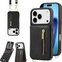 Crossbody Wallet Case for iPhone 17 Pro, with Card Slots Zipper Pocket Case, Flip Folio Purse RFID Blocking with Detachable Strap-Black