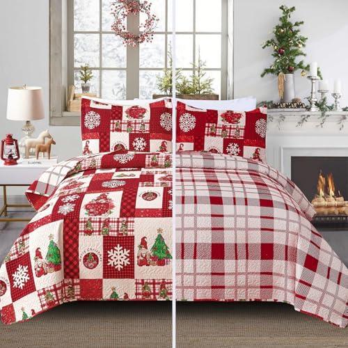 Smuge Christmas Bedspread Quilt Sets Twin Size - Reversible Christmas Tree Snowflake Red Plaid New Year Winter Holiday Coverlet Bed Set Xmas Bedding Sets Bedroom Decor