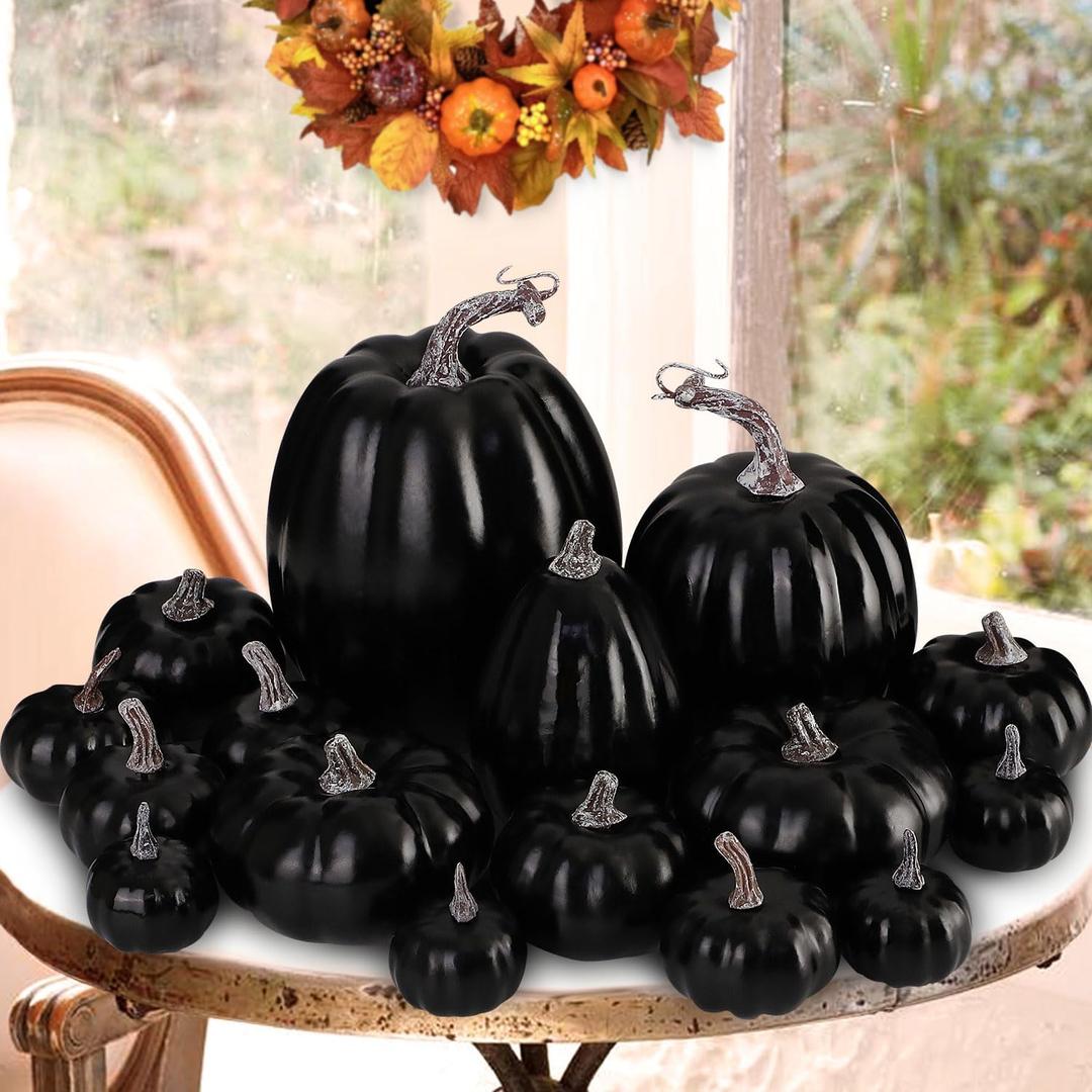 Ywlake 16 Pcs Assorted Sizes Artificial Pumpkins, Large Black Fake Pumpkin Fall Decor for Autumn Harvest Thanksgiving Halloween Decoration Faux Pumpkins for Outdoor Decorating