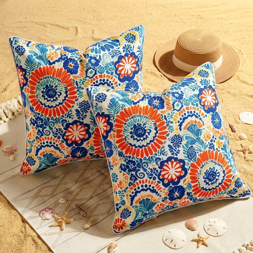 Coastal Blue Flower Decorative Spring Outdoor Throw Pillow Covers Waterproof 18x18 Set of 2, Colorful Floral & Leaf Nautical Accent Pillows for Porch and Patio Furniture, Summer Beach Decor Pillows