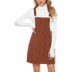 Yeokou Womens Casual Corduroy Bib Knee Length Overalls Pinafore Midi Dress Jumpsuit (X-Large, Brown)