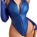OYOANGLE Women's One Piece Bodysuits Zipper Up Sleeveless Pu Leather Halter Bodysuit Tops with Arm Sleeves