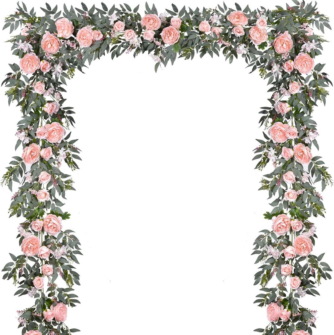 DearHouse 2Pack Artificial Peony Flower Garland - 6ft/Strand Silk Peony Flower Greenery Garland with Fake Willow Leaves for Wedding Ceremony Backdrop Party Table Centerpieces Decor (Pink)