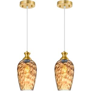 Glass Pendant Lights Kitchen Island 2 Pack 5.9" Amber Hammered Glass Pendant Light Gold Kitchen Pendant Lighting Over Sink Modern Bedroom Dining Room Hanging Light Fixture