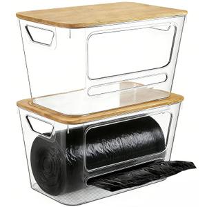 Trash Bag Dispenser, 2 Pack Extra Large Acrylic Trash Bag Holder with Bamboo Lid, Stackable Garbage Bag Organizer for Kitchen, Under Sink, Pantry Organizer and Storage, Potato and Onion Storage