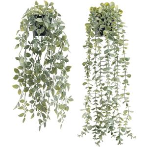 Der Rose 2Pcs Fake Plants Hanging Artificial Decor Faux Potted Eucalyptus and Pea Pod Plants for Boho Bathroom Home Office Desk Wall Shelf Bookcase Accessories Decor Indoor (Gray Green)