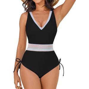 Womens One Piece Swimsuit Color Block Drawstring Swimwear Deep V Neck Tummy Control Bathing Suit (Black, XL)