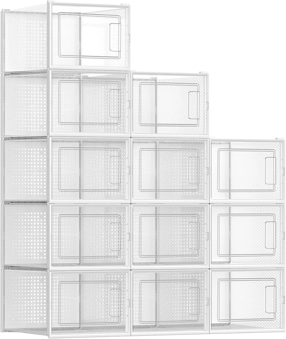 SONGMICS Shoe Boxes, Pack of 12 Shoe Storage Organizers, Stackable Clear Plastic Boxes for Closet, Sneakers, 13.7 x 9.9 x 7.4 Inches, Transparent and White ULSP12MWT