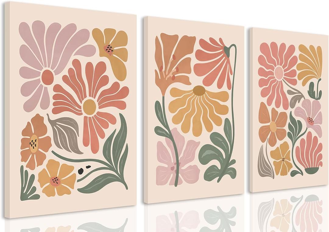TBKHUDBI Boho Flower Canvas Wall Art Abstract Floral Pictures Prints Set of 3 Minimalist Botanical Painting Poster Flower Market Aesthetic Wall Decor for Living room Bedroom 12"x16" Framed