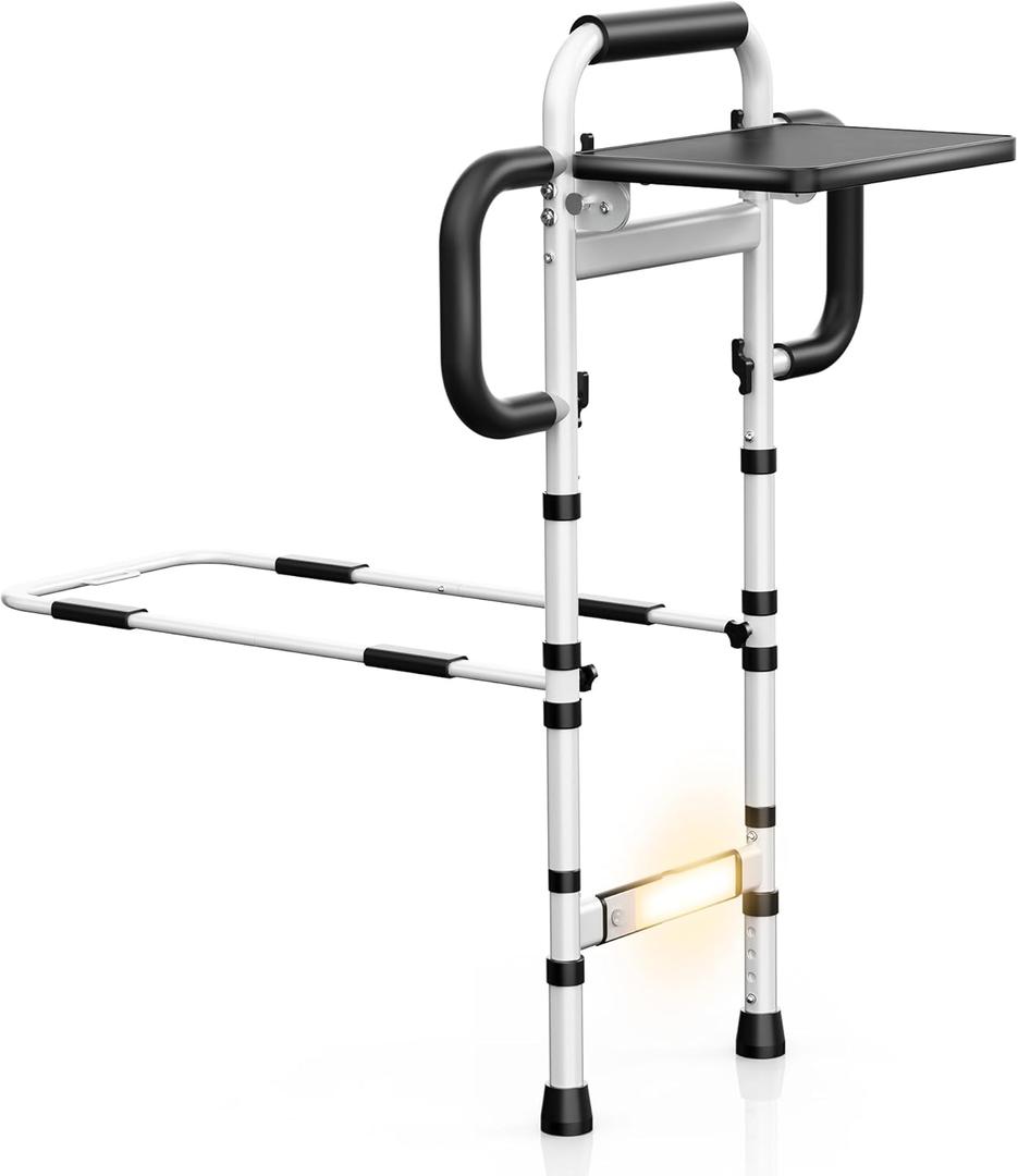 Bed Rails for Elderly Adults Safety, FSA/HSA Eligible Height Adjustable Bed Rail with Non-Slip Handle Foldable Desk & Motion Sensor Light Up to 350 Lbs Bed Rails for King Queen Full Twin Bed (White)
