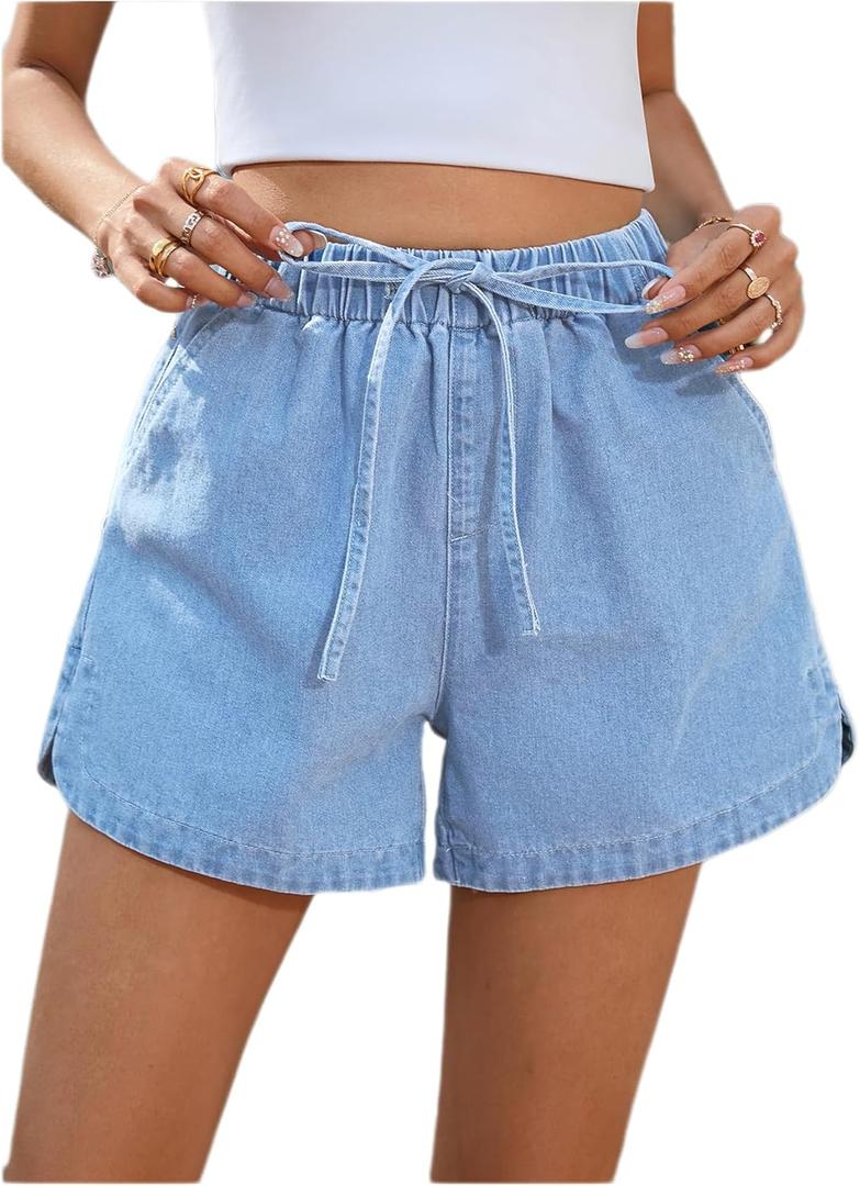 Floerns Women's Elastic Waist Drawstring Denim Shorts Wide Leg Casual Jean Shorts with Pocket (X-Large)
