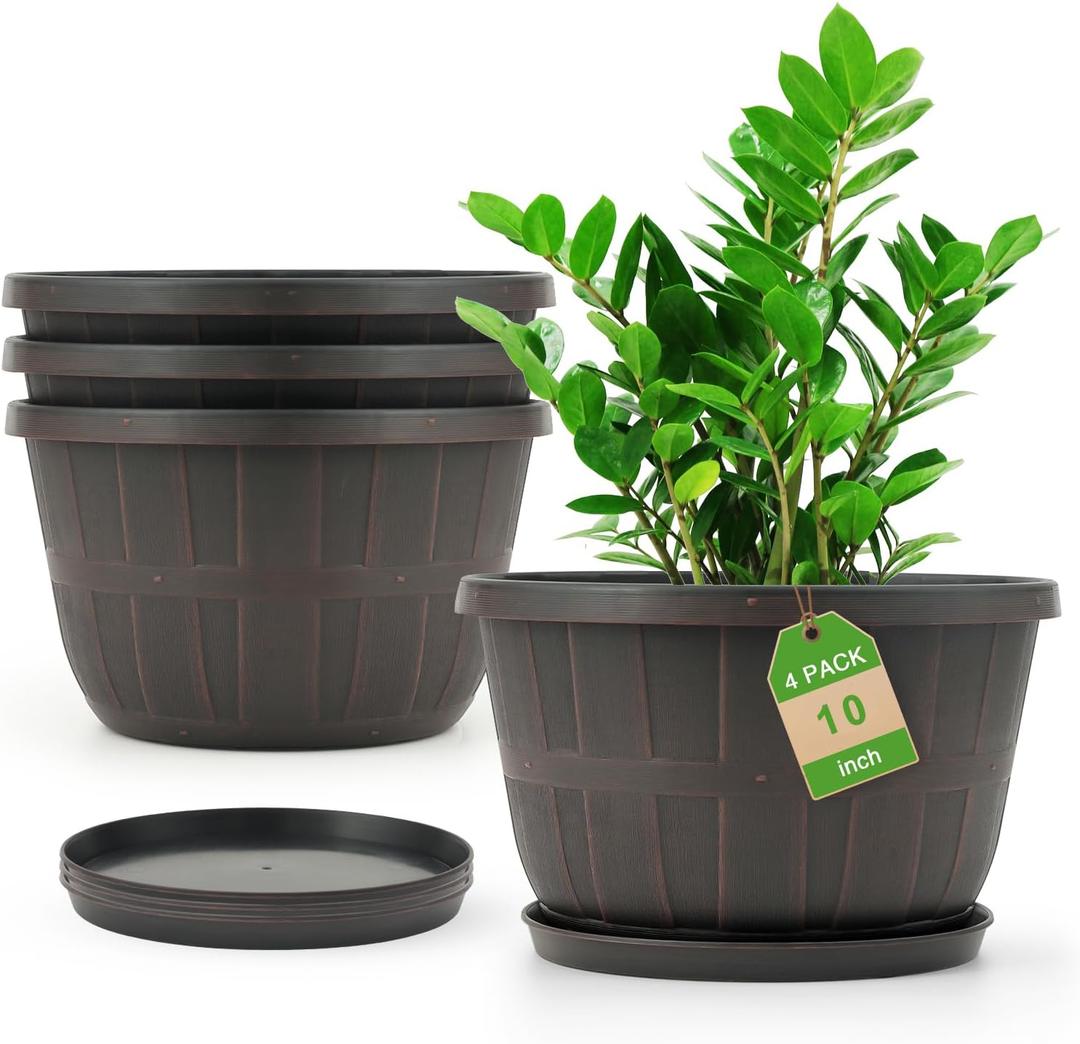 Quarut 10 inch Plastic Flower Pots for Outdoor Plants4 Pack Large Outdoor Planter Pot with Drainage Holes & SaucersImitation Wine Barrel Designfor Indoor Outdoor Garden PlantsBrown