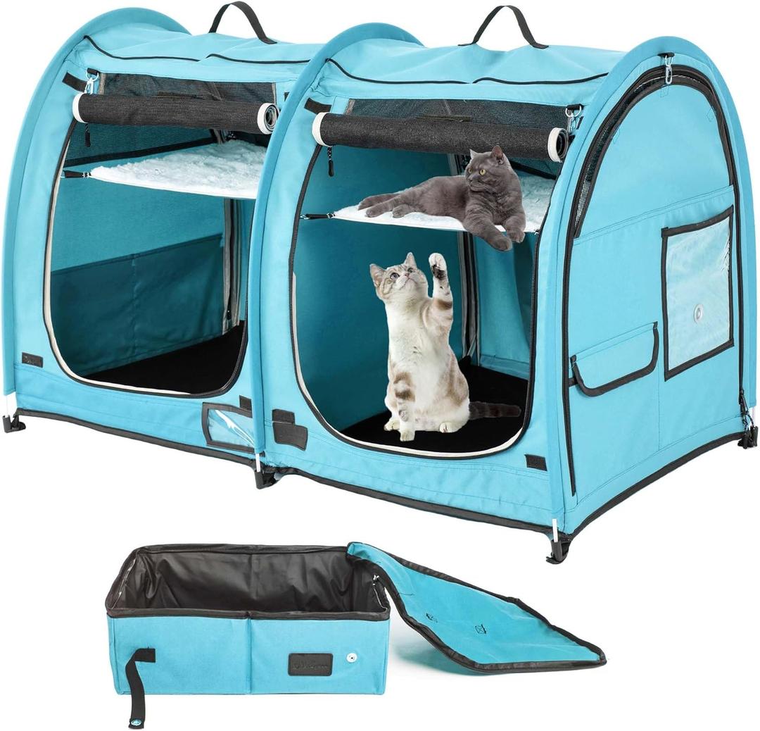 Mispace Portable Twin Compartment Show House Cat Cage/Condo - Easy to Fold & Carry Kennel - Comfy Puppy Home & Dog Travel Crate with Portable Carry Bag/Two Hammocks/Mats and Collapsible Litter Box