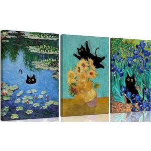 3 Pcs Funny Black Cat Canvas Wall Art Cat in Water Lilies Painting Picture Wall Decor Garden Flowers Black Cat Aesthetic Poster Print Artwork for Room Bedroom Living Room Bathroom Home Decoration (24L" x 16W")