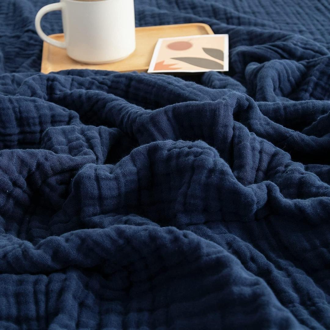 EMME Muslin Blanket 100% Cotton Throw Blankets for Couch Breathable Gauze Blanket All Season Soft and Lightweight Pre-Washed Cotton Blanket (Navy, 50"x70"), Large Throw
