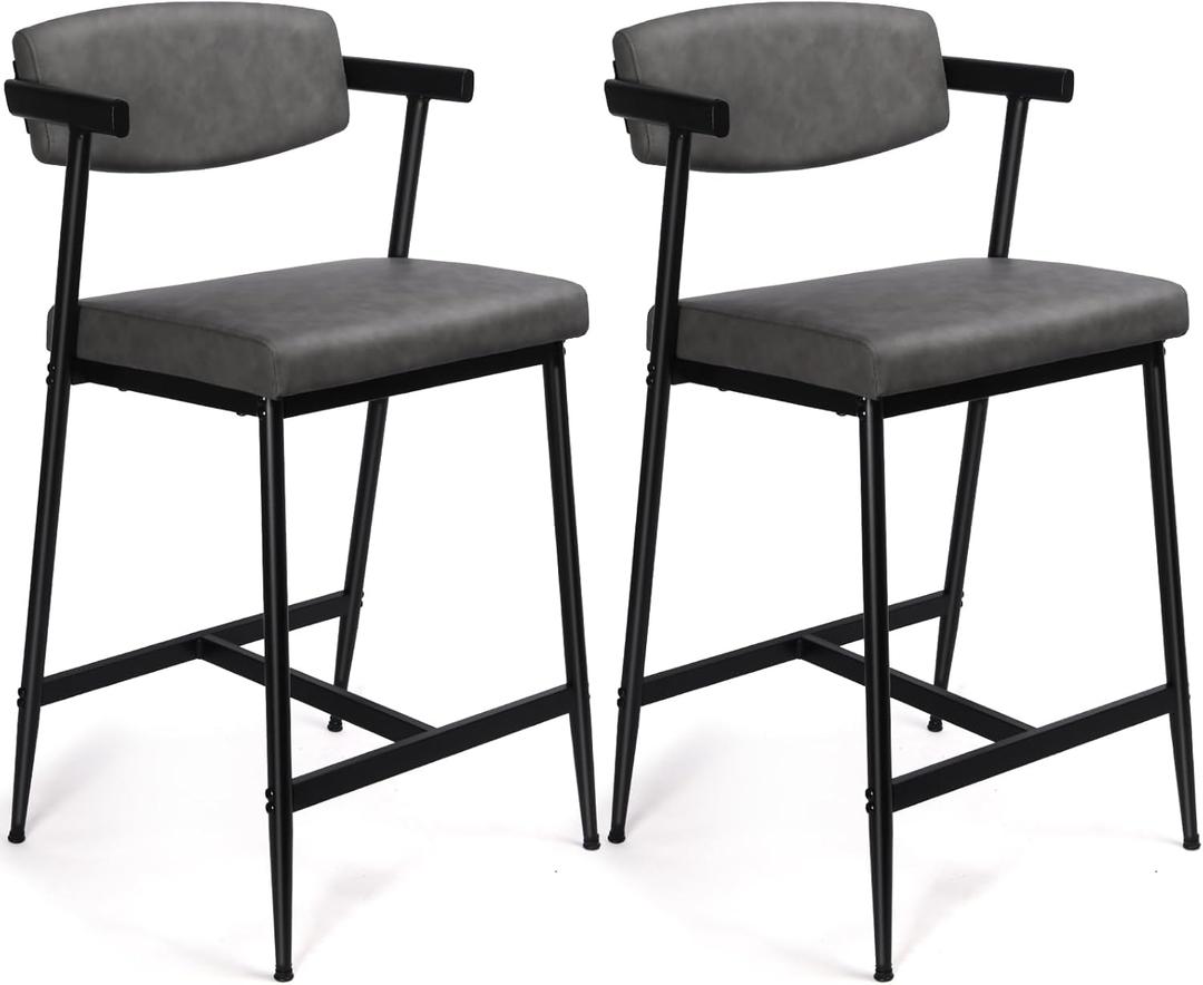 Bar Stools Set of 2, Counter Height Bar Stools with Back and Arms, 26" Counter Height Stools for Kitchen Counter, Upholstered Bar Chairs with Backrest, Modern Barstools for Kitchen Island, Grey (Grey & Black)