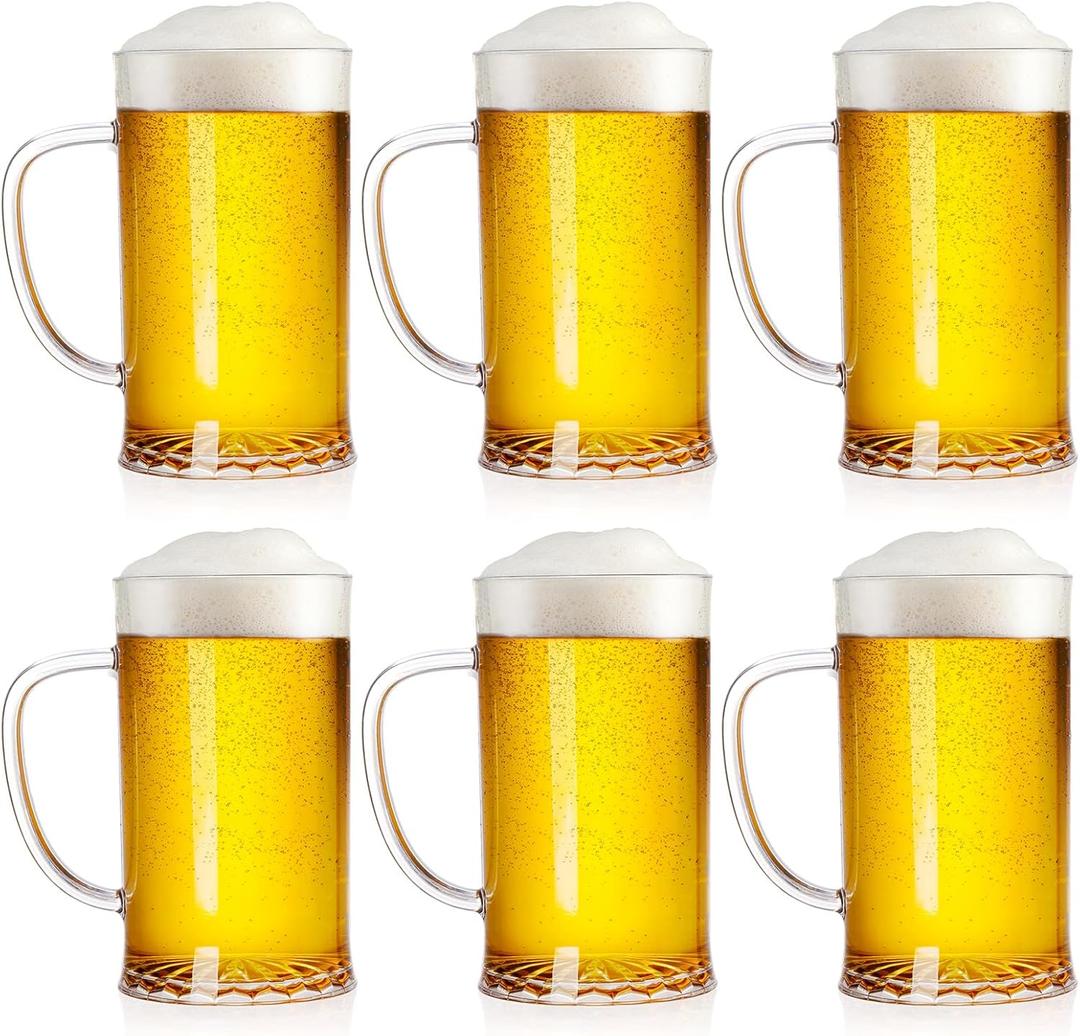 ZEAYEA Set of 6 Plastic Beer Mug, 16 oz Acrylic Drinking Cups with Handle, Clear Reusable Beer Stein Glasses for Party Bar Home Hotel Whiskey Juice Cocktail Beverages