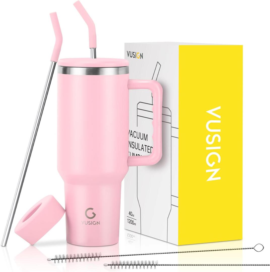 VUSIGN 40 oz Tumbler with Handle and Straw Lid, Stainless Steel Vacuum Insulated Tumbler Travel Mug Water Bottle Cup for Water Iced Tea Coffee Smoothie Car, Blush