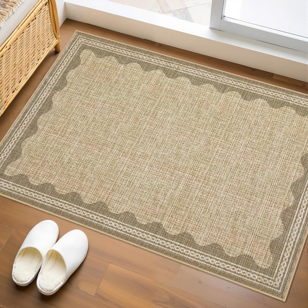 GarveeHome Door Mat Indoor Rugs for Entryway Scalloped Solid Tan Jute Digital Printing Small Rug 2x3 Washable Non-Slip Modern Soft Low-Pile Carpet for Bedroom Kitchen Entrance