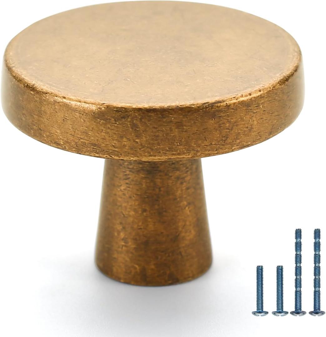 10 Pack Antique Brass Round Dresser Knobs - Vintage Retro Kitchen Cabinet Hardware for Drawers