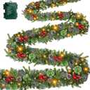 Super Long 8 Modes & Timer 18 Ft Prelit Christmas Garland for Outdoor Indoor Stair Porch 100 Warm White Lights 470 Realistic Snowy Branch Tips Red Berries Pinecone Xmas Garland Decorations Door Mantle