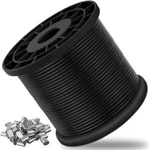 Vinyl Coated Wire Rope 304 Stainless Steel Coated Wire Cable-Black, 1/16" OD to 3/32" x 328FT, with 150 Pcs Crimping Sleeves-Cable for String Lights, Suitable for Clotheslines